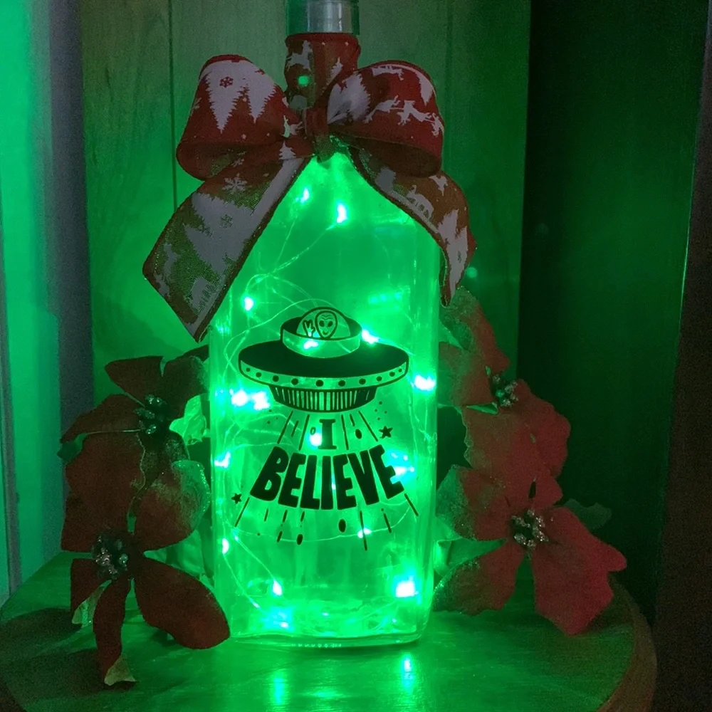 Hand crafted Festive Alien ‘I Believe’ silver painted Bottle lantern